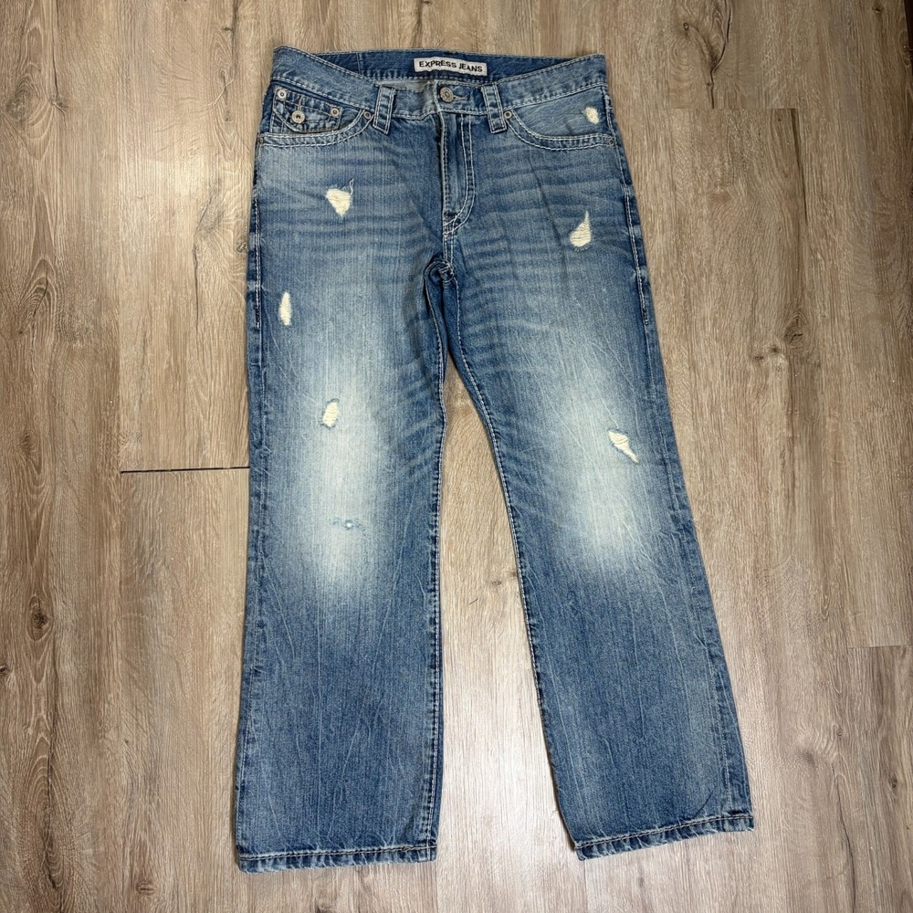 Express Kingston Classic Fit Boot Cut Jeans 33x30 Distress 100% Cotton Denim